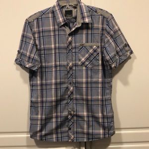 7 Diamonds shirt Mens medium m blue black white short sleeve button down plaid